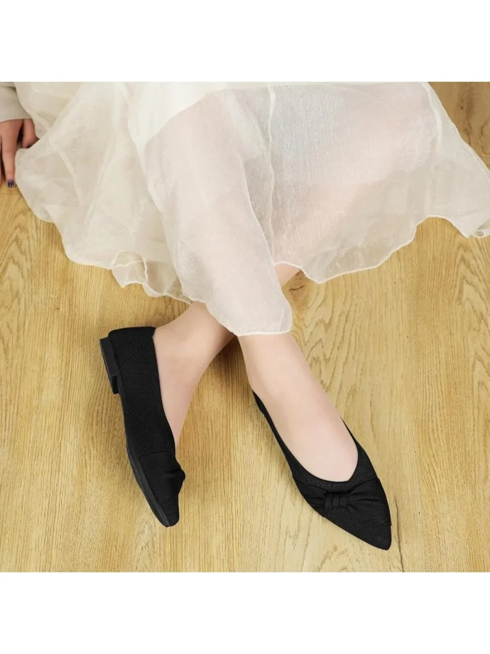 Women's Black Mesh Comfortable Ballet Flats Pointed Toe Lightweight Casual Shoes